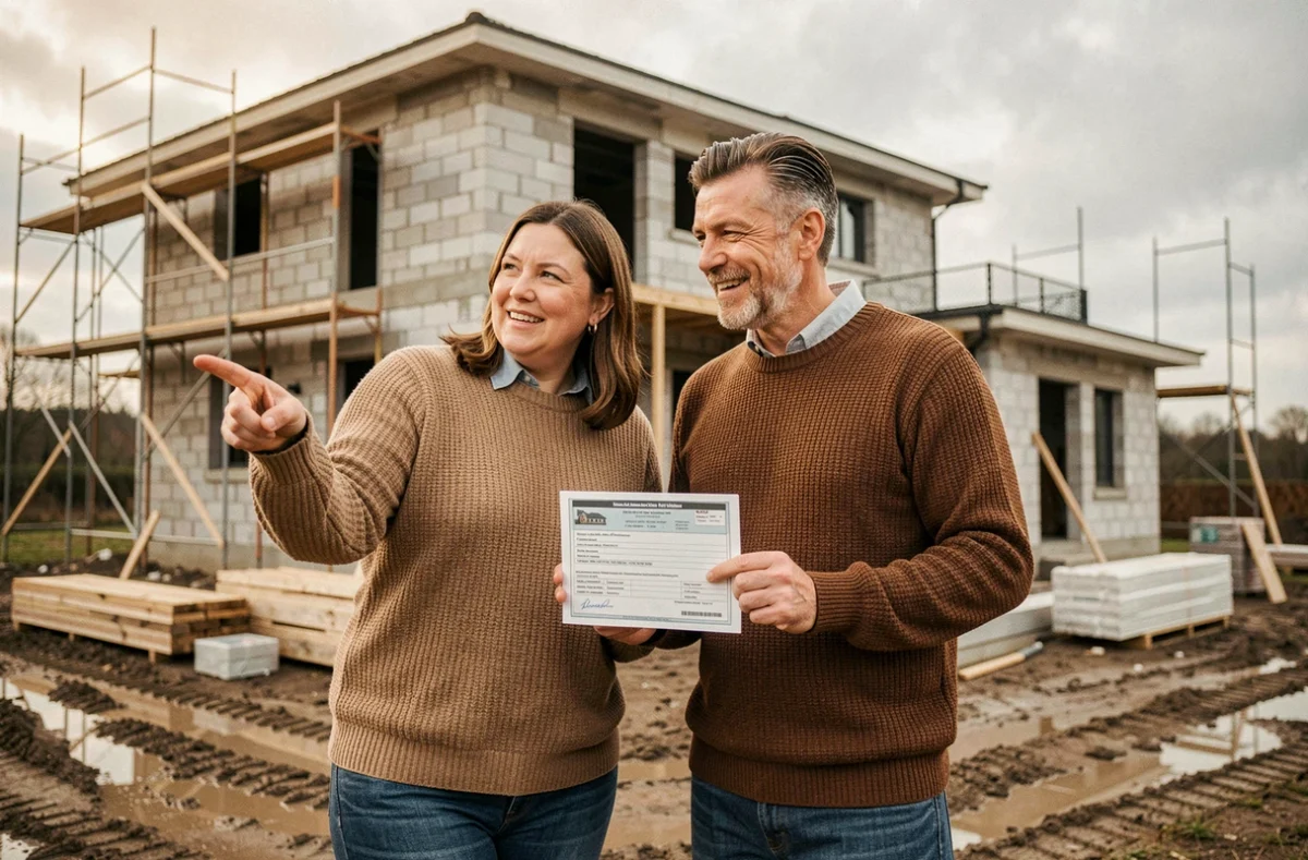 Couple tenant un permis de construire devant leur chantier de construction de maison individuelle