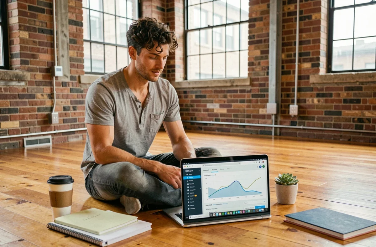 Jeune homme en espace de coworking analysant une courbe de longue traîne sur son ordinateur portable