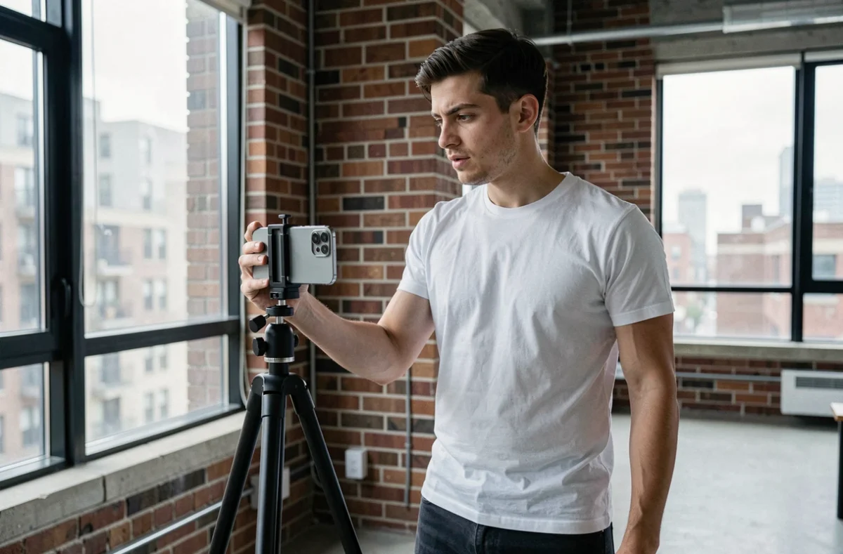 Jeune créateur filmant une vidéo TikTok sur trépied dans un appartement urbain moderne, en rapport avec la monétisation et le prix des vues sur TikTok