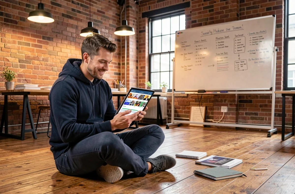 Jeune homme créatif configurant une publicité sur les réseaux sociaux depuis une tablette dans un loft de studio