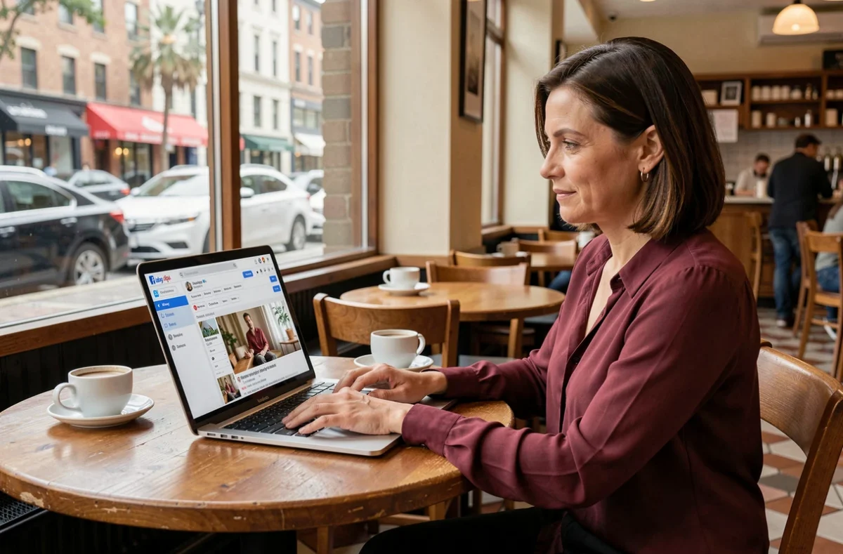 Cheffe d'entreprise créant une publicité sponsorisée sur les réseaux sociaux depuis un café avec son ordinateur portable