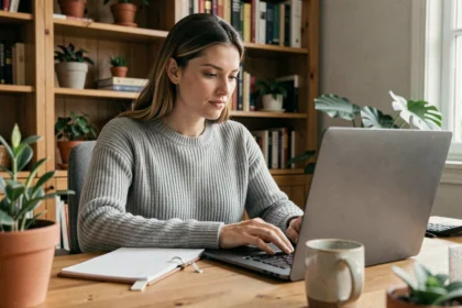 Femme en télétravail créant un agenda en ligne sur son ordinateur portable dans un bureau à domicile chaleureux
