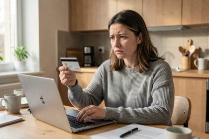 Femme inquiète faisant des achats en ligne avec sa carte bancaire devant un ordinateur portable