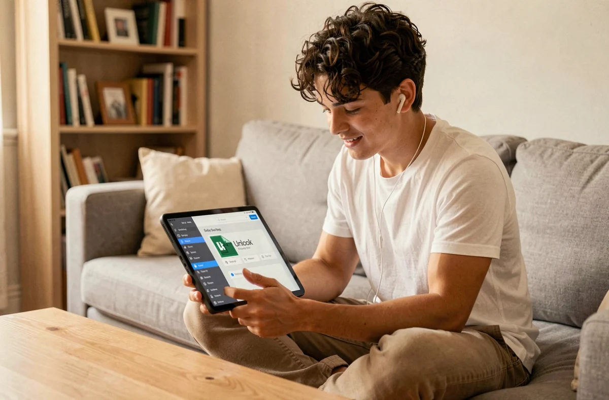 Jeune personne débloquant un fichier PDF protégé sur une tablette depuis son salon à la maison