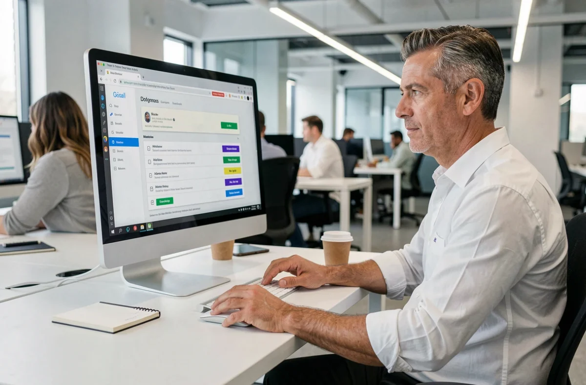 Homme en bureau professionnel gérant les extensions de navigateur pour débloquer les publicités sur son ordinateur de bureau