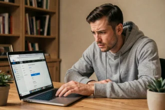 Homme utilisant un ordinateur portable pour accéder aux paramètres de son navigateur afin de débloquer les publicités
