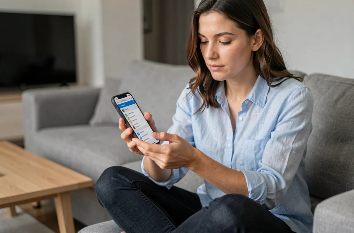 Femme consultant son smartphone pour débloquer les publicités dans les paramètres de son navigateur mobile