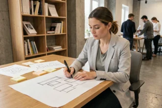 Designer UX en train de créer des wireframes sur papier dans un studio de design moderne