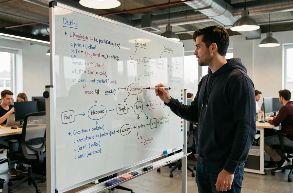 Développeur expliquant un algorithme sur un tableau blanc dans un espace de travail collaboratif