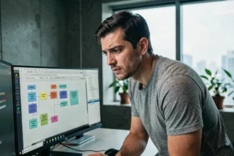 Développeur web analysant un schéma de base de données sur deux écrans dans un bureau moderne