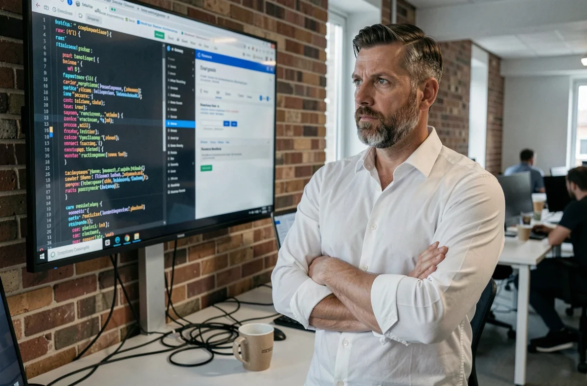 Développeur web évaluant la différence entre code HTML et un CMS dans un espace de coworking moderne