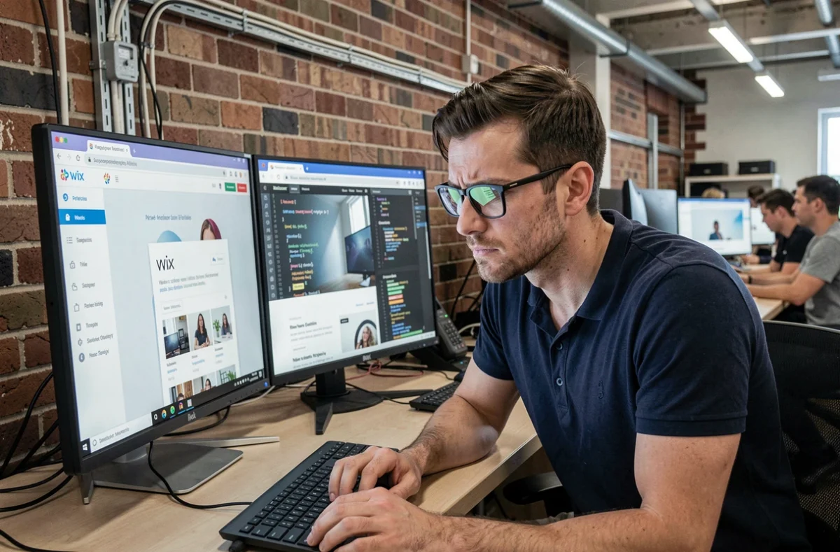 Développeur web comparant un site Wix et un site personnalisé, mettant en évidence les limitations techniques de Wix