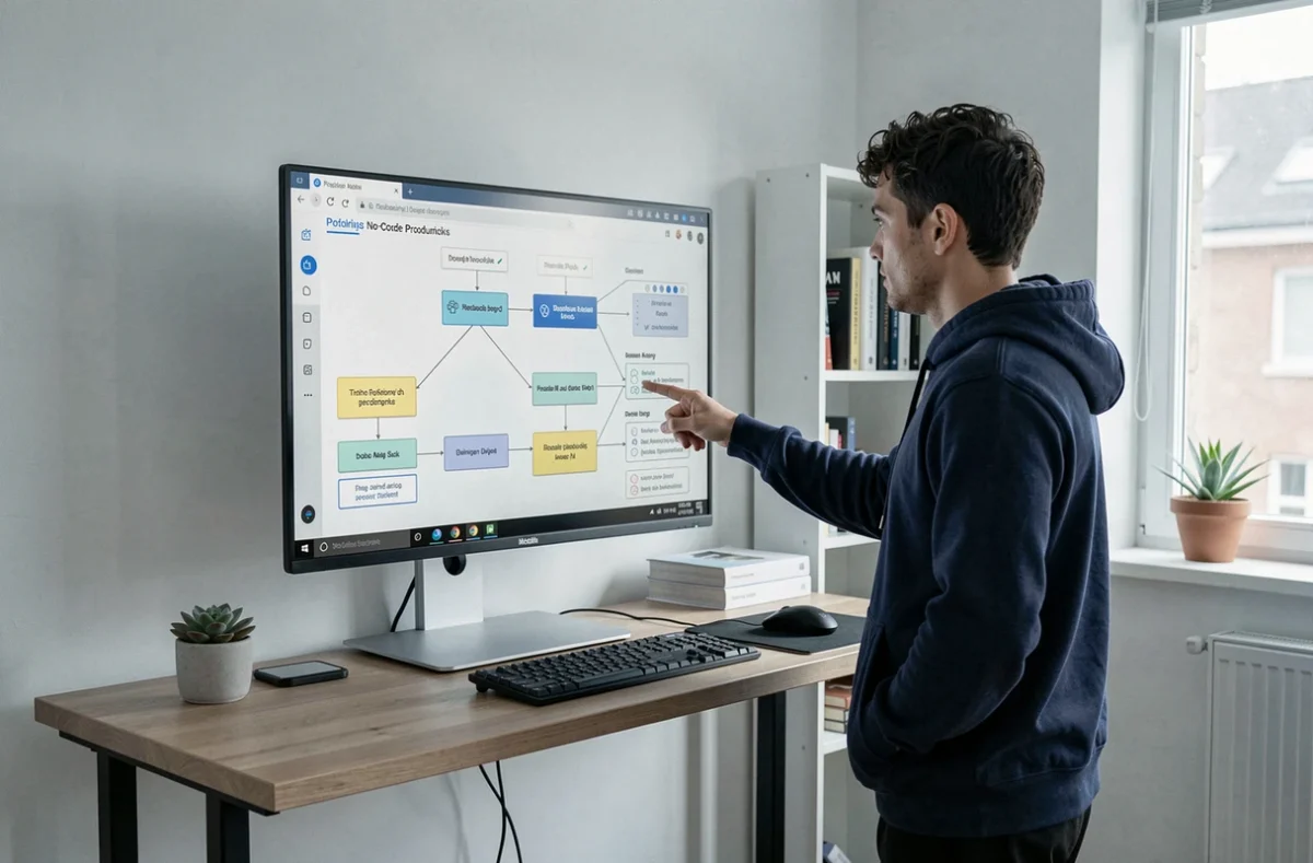 Développeur no code travaillant debout sur un workflow de product builder dans un bureau minimaliste à domicile