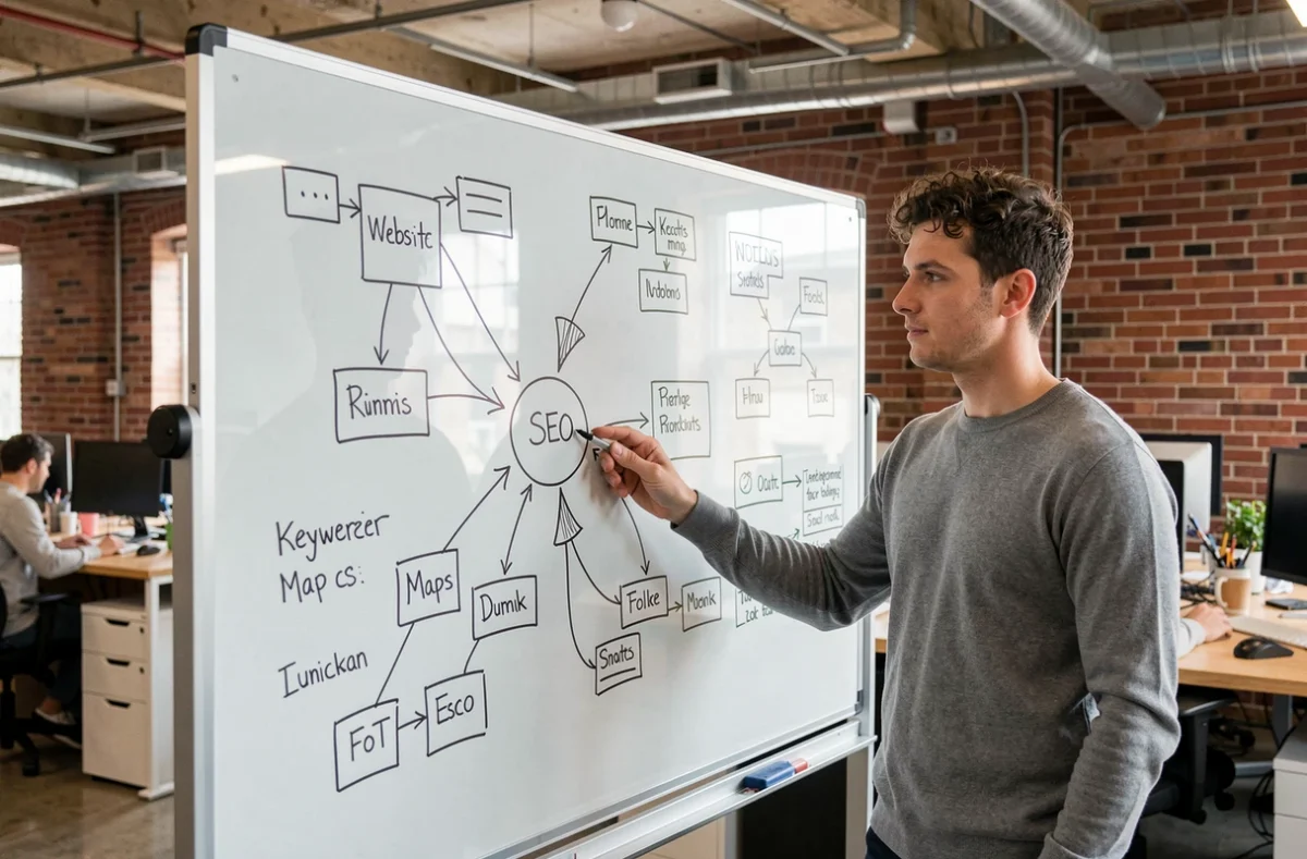 Un développeur web expliquant la structure de référencement d'un site internet sur un tableau blanc dans un espace de coworking