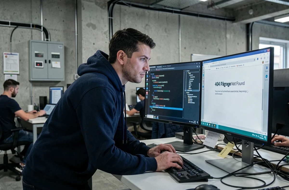 Développeur web masculin analysant une erreur 404 sur un double écran dans un bureau technologique moderne
