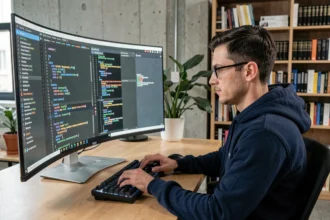 Développeur web concentré tapant du code HTML, CSS et JavaScript sur un écran ultrawide dans un bureau moderne