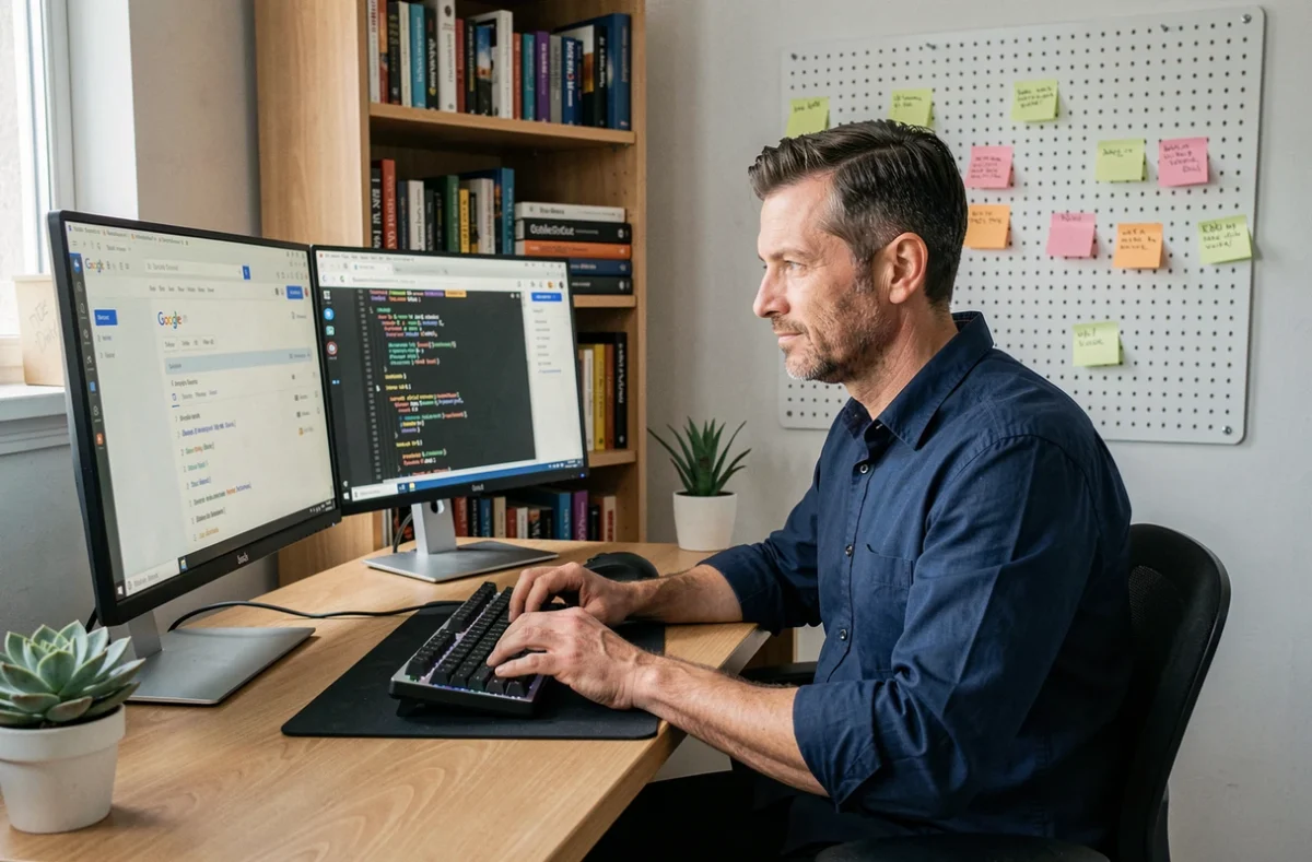 Développeur web optimisant le référencement naturel d'un site internet depuis son bureau à domicile