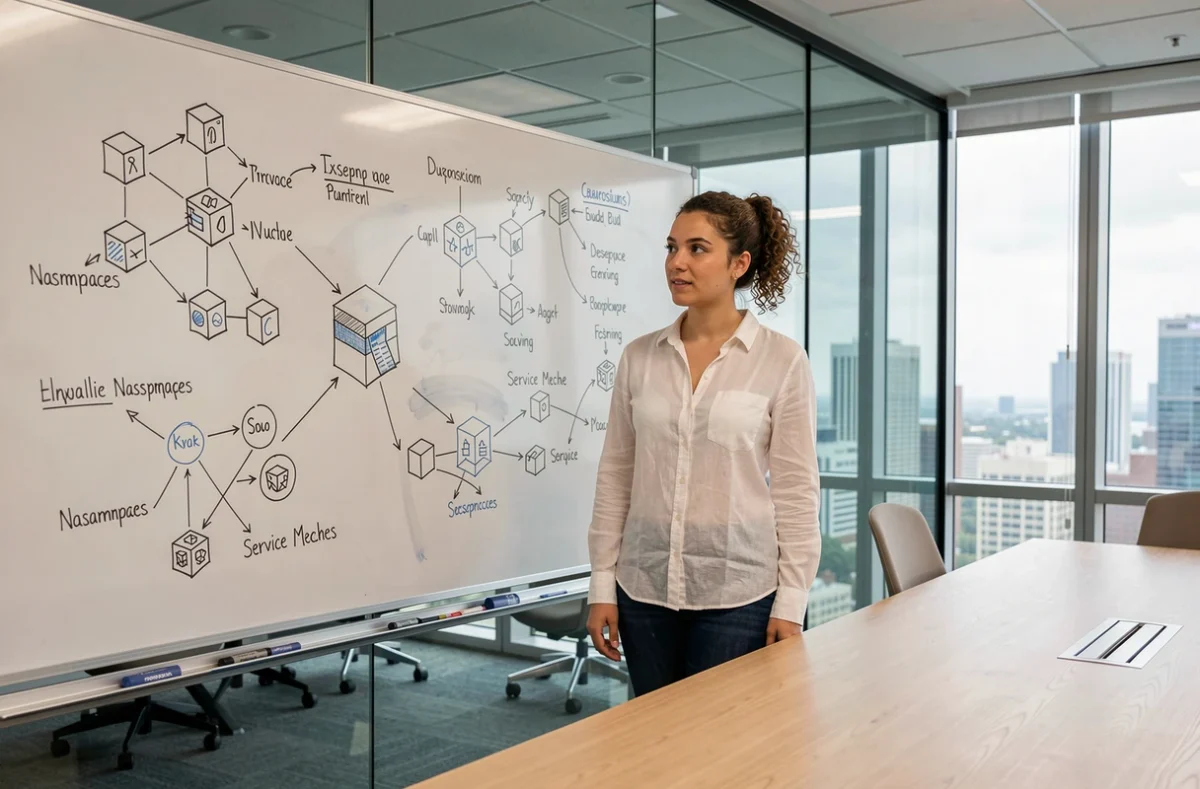 Développeuse expliquant l'architecture d'un cluster Kubernetes sur un tableau blanc avec des schémas de nœuds et de services dans une salle de réunion moderne