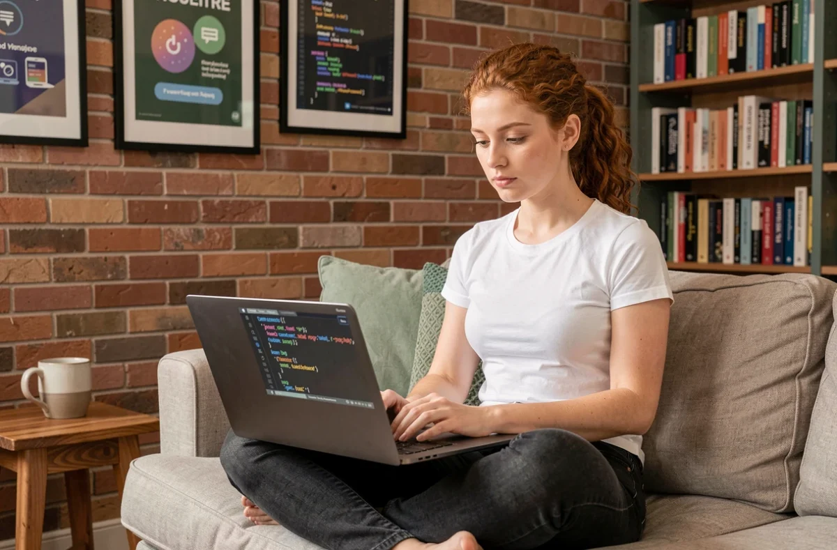 Développeuse web freelance codant en Python et PHP sur un laptop dans un bureau à domicile chaleureux