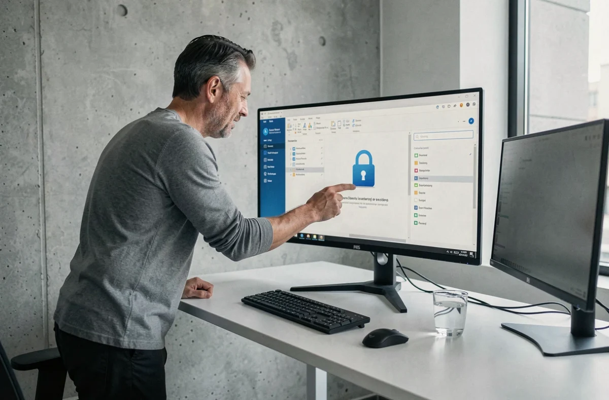 Homme utilisant un logiciel pour déverrouiller et accéder à un document PDF sur un grand écran de bureau