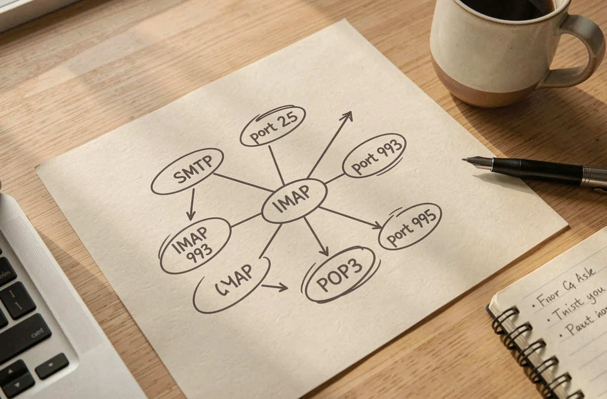 Diagramme réseau annoté à la main montrant les ports des protocoles email SMTP IMAP et POP3 sur un bureau