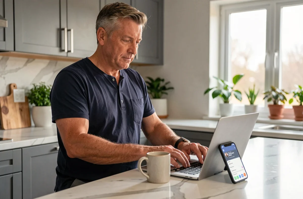 Homme à la maison vérifiant un code de double authentification sur son téléphone pour se connecter à son ordinateur portable