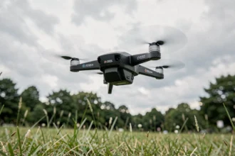 Drone quadricoptère compact en vol au-dessus d'une prairie verdoyante, vu en contre-plongée avec ciel nuageux en arrière-plan