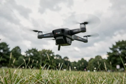 Drone quadricoptère compact en vol au-dessus d'une prairie verdoyante, vu en contre-plongée avec ciel nuageux en arrière-plan