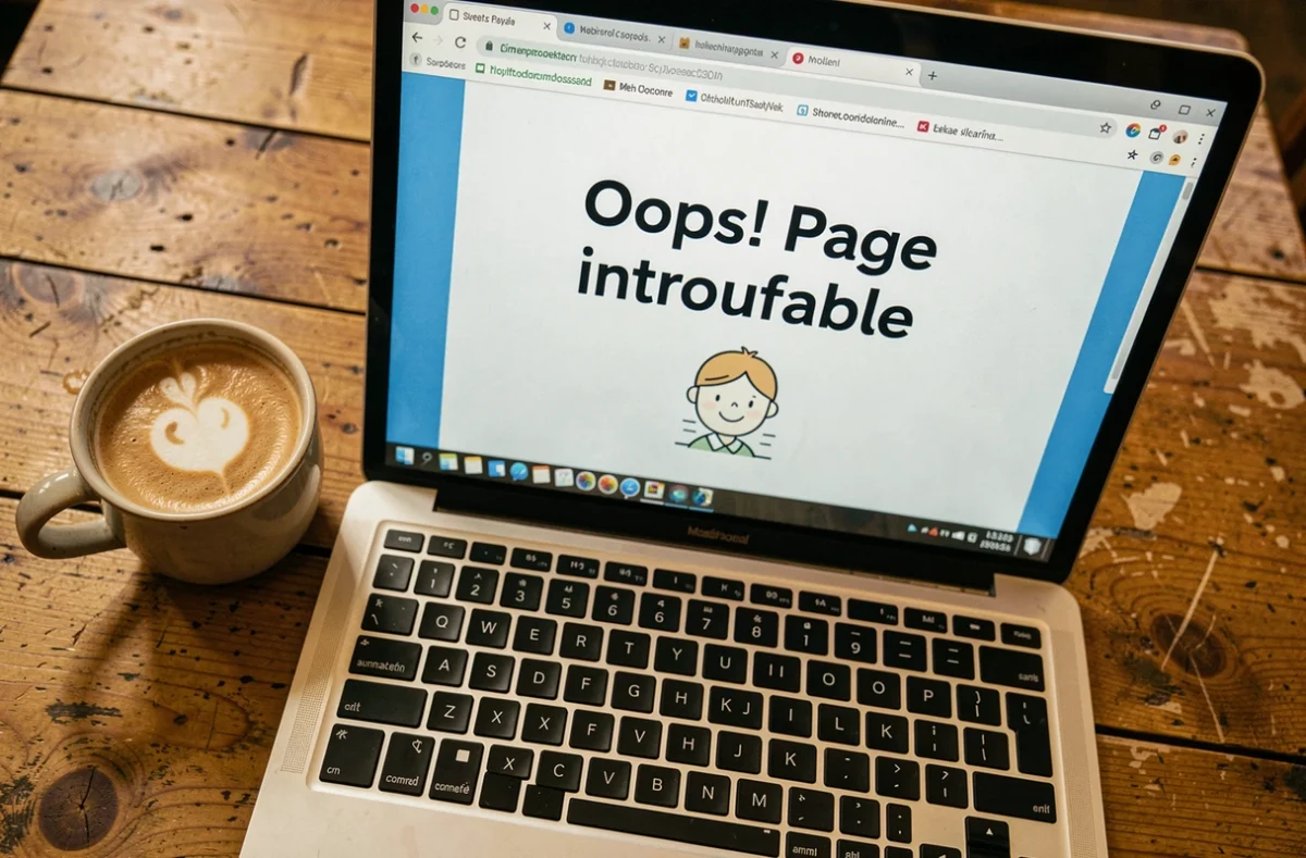 Gros plan d'un écran d'ordinateur affichant une page d'erreur 404 dans un café avec une tasse de cappuccino