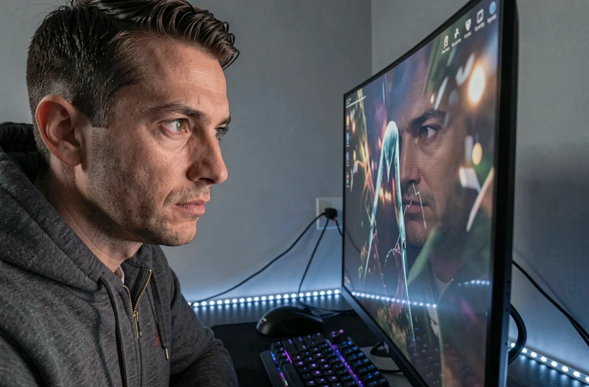 Homme scrutant un écran gaming haute résolution avec reflet visible dans un setup gamer sombre