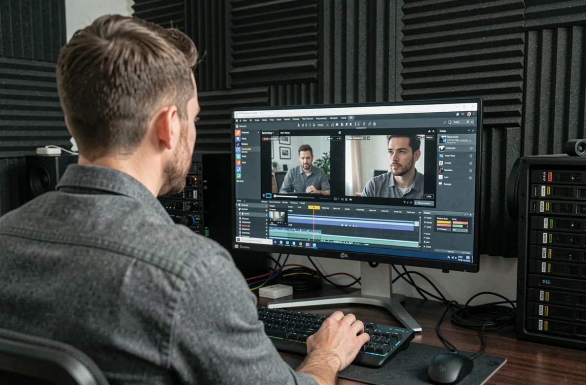 Éditeur vidéo masculin travaillant sur un écran 4K 2160p dans un studio d'enregistrement à domicile avec logiciel de montage vidéo ouvert