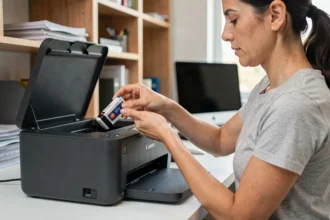 Femme insérant une cartouche d'encre dans une imprimante Canon Pixma sur un bureau de home office