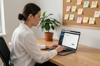 Femme professionnelle enregistrant un nom de domaine sur son ordinateur portable dans un bureau moderne