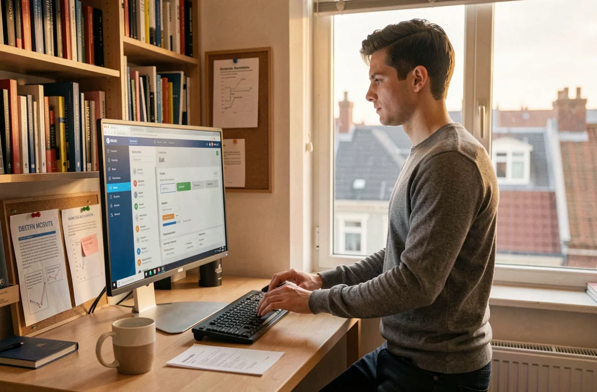 Jeune entrepreneur travaillant seul sur une plateforme d'automatisation marketing depuis son bureau à domicile