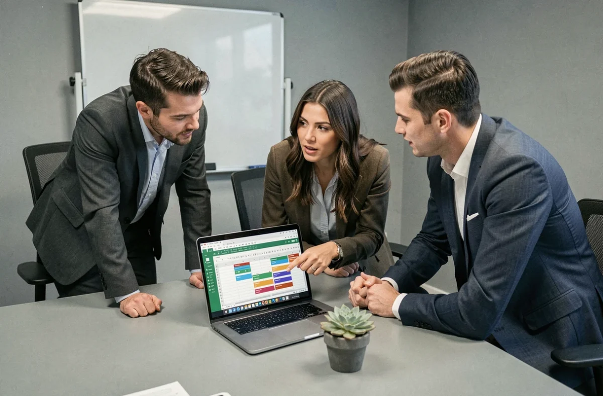 Équipe de professionnels analysant un tableau croisé dynamique Excel ensemble en salle de réunion