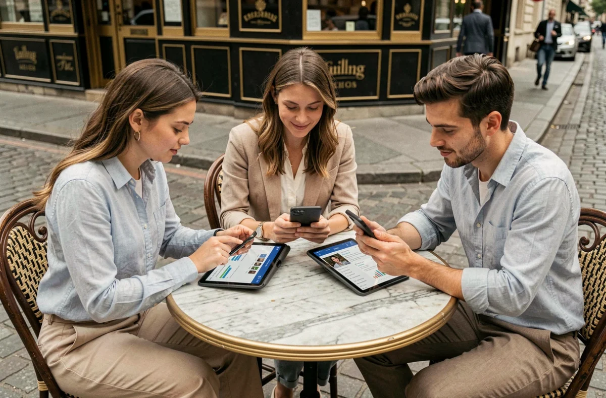 Jeunes professionnels discutant de stratégies de contenu numérique autour d'une table en terrasse à Paris