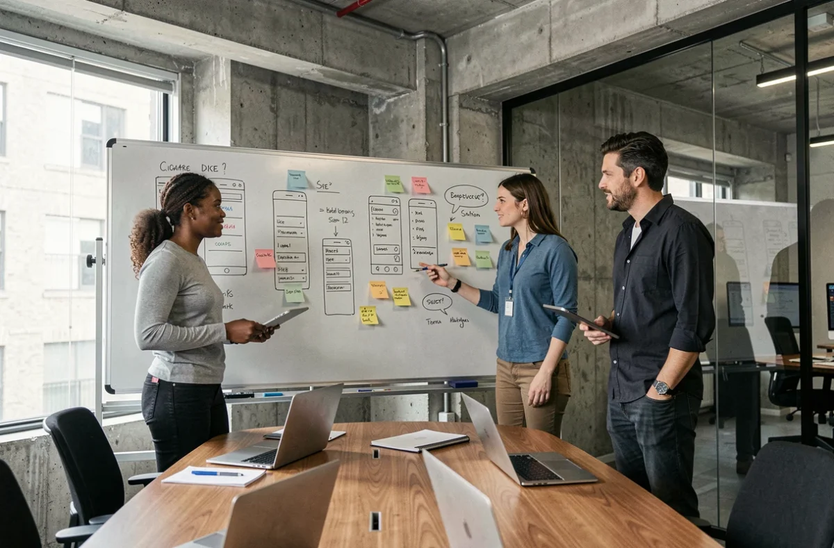Équipe de développeurs collaborant sur la conception de l'interface de l'application Yango dans une salle de réunion startup