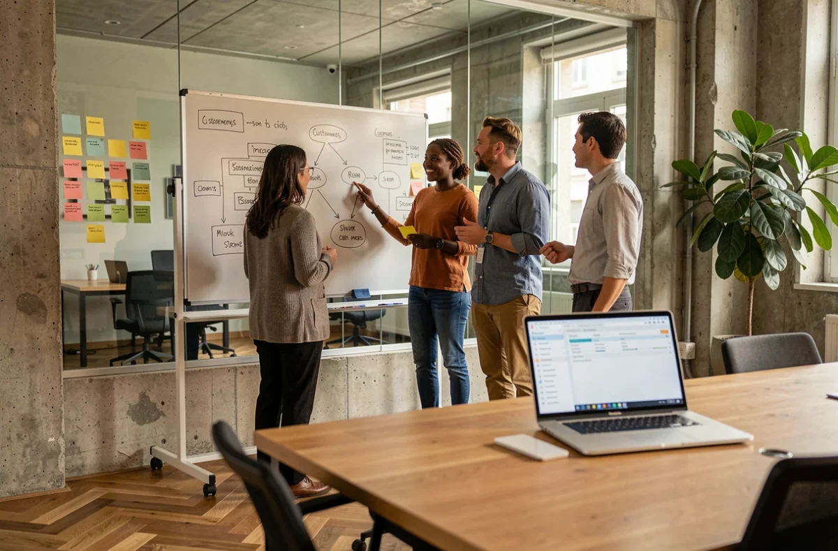 Équipe marketing collaborant autour de diagrammes de flux de travail et d'une interface CRM dans une salle de réunion moderne