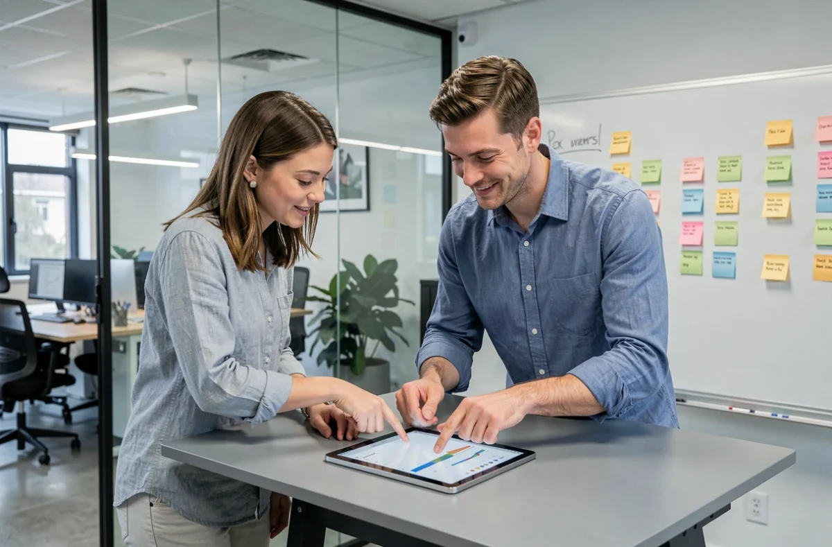 Deux professionnels du marketing comparant des outils d'emailing sur une tablette en réunion
