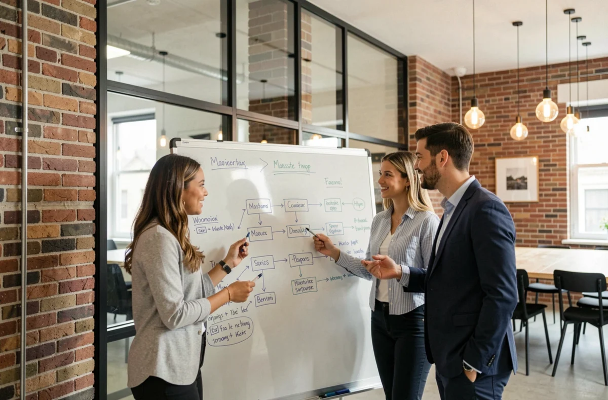 Équipe de professionnels du marketing digital élaborant une stratégie de visibilité web sur un tableau blanc