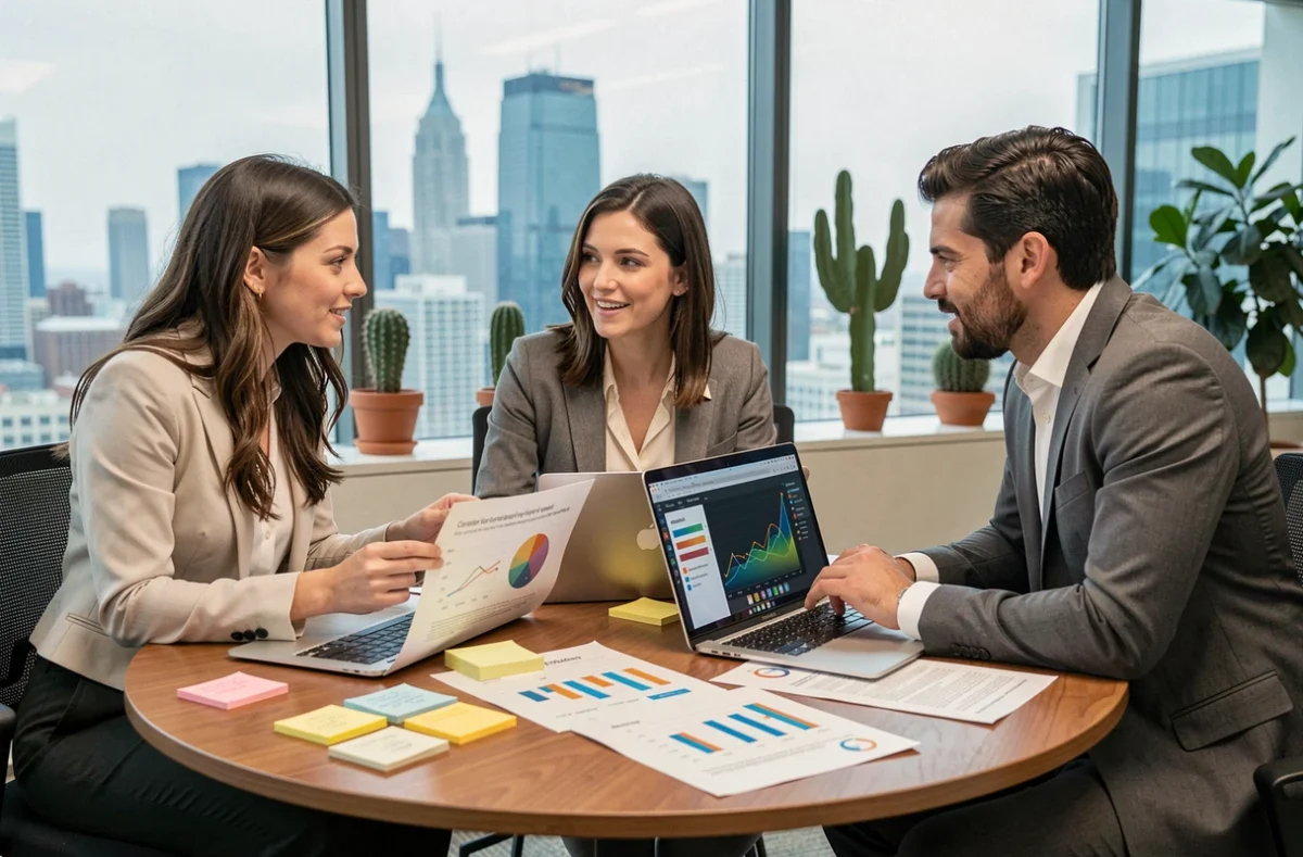 Équipe marketing diversifiée en réunion autour d'une table couverte de rapports d'analyse IA, discutant de stratégies marketing basées sur l'intelligence artificielle dans une salle vitrée moderne