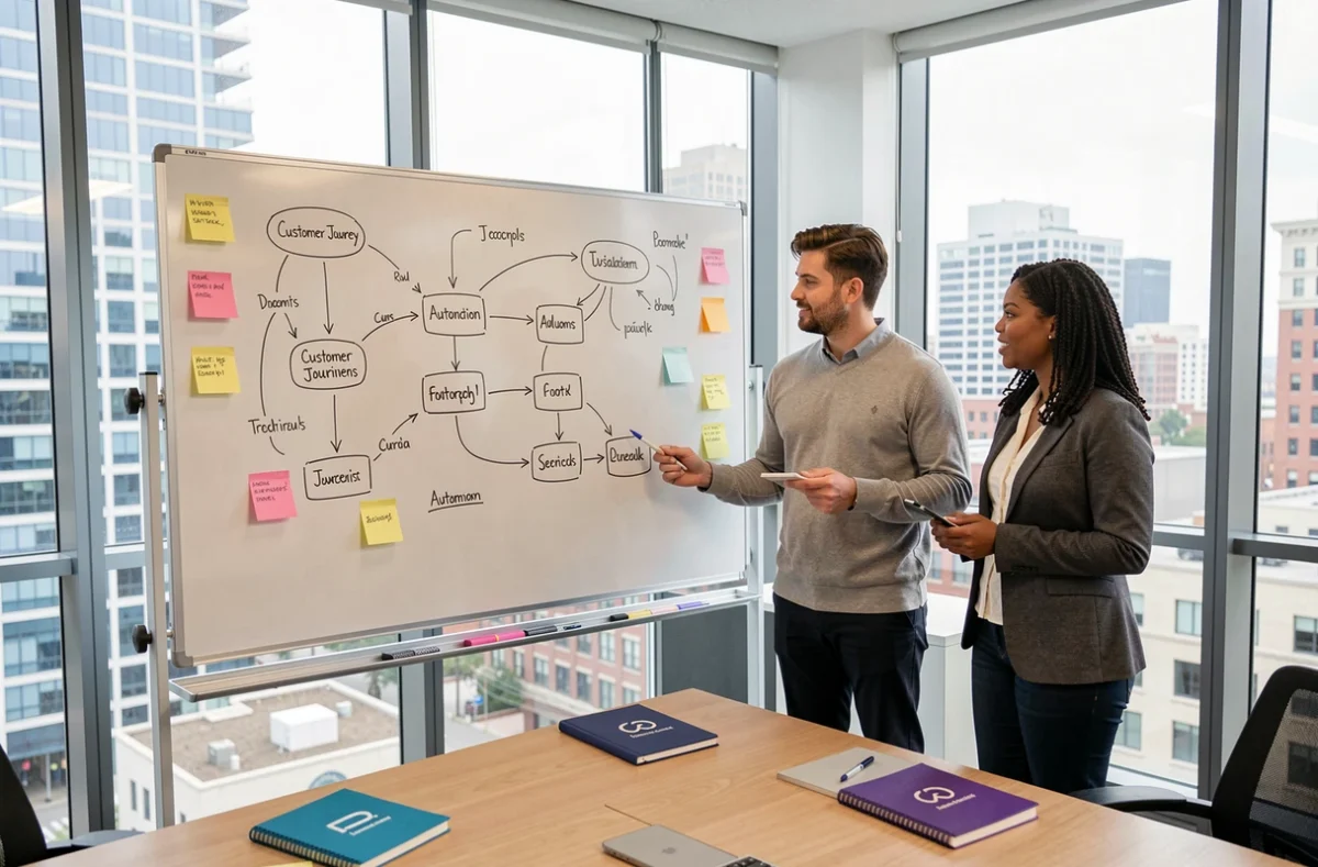 Équipe marketing collaborant autour d'un tableau blanc avec des schémas de workflow d'automatisation