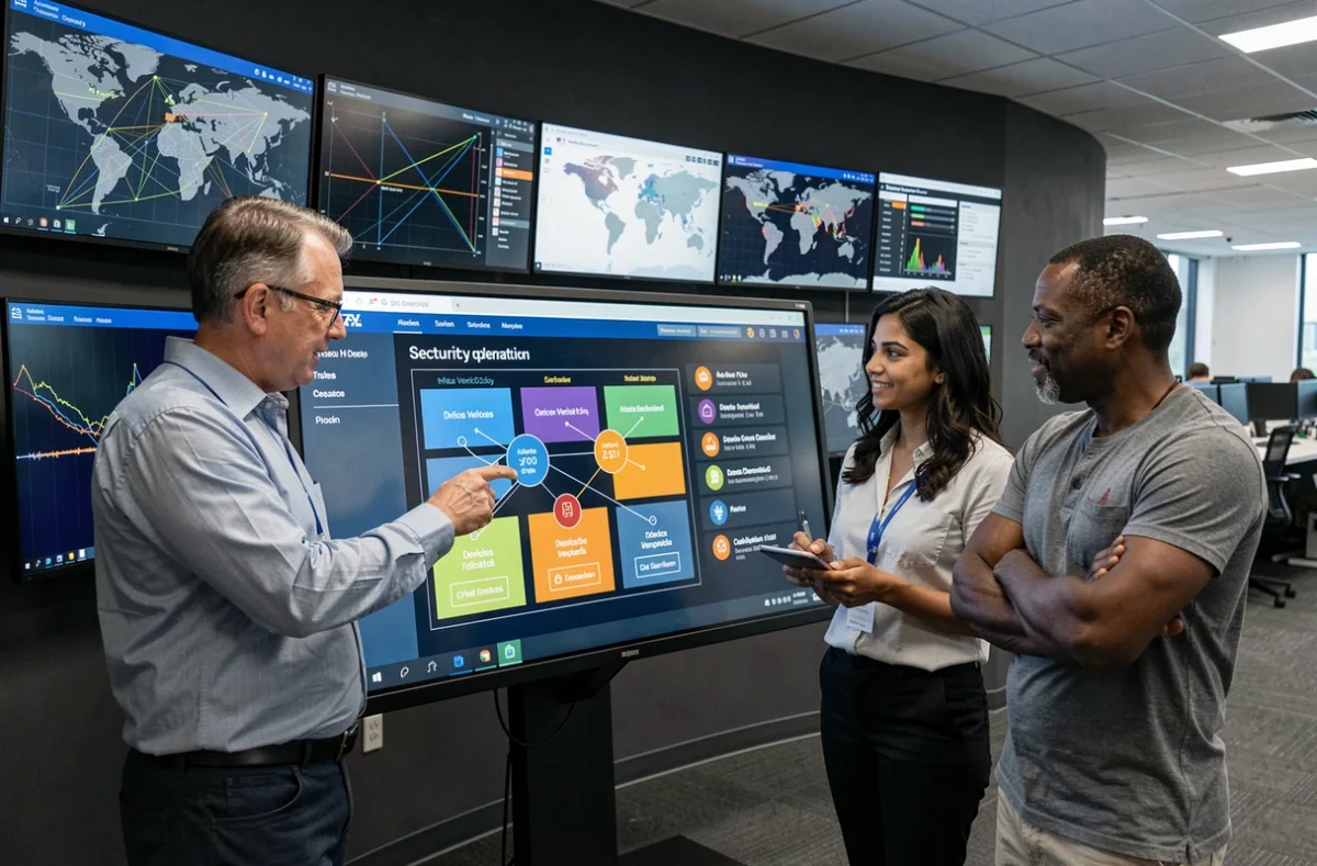 Équipe de sécurité informatique analysant une carte de segmentation réseau Zero Trust dans un centre d'opérations de sécurité