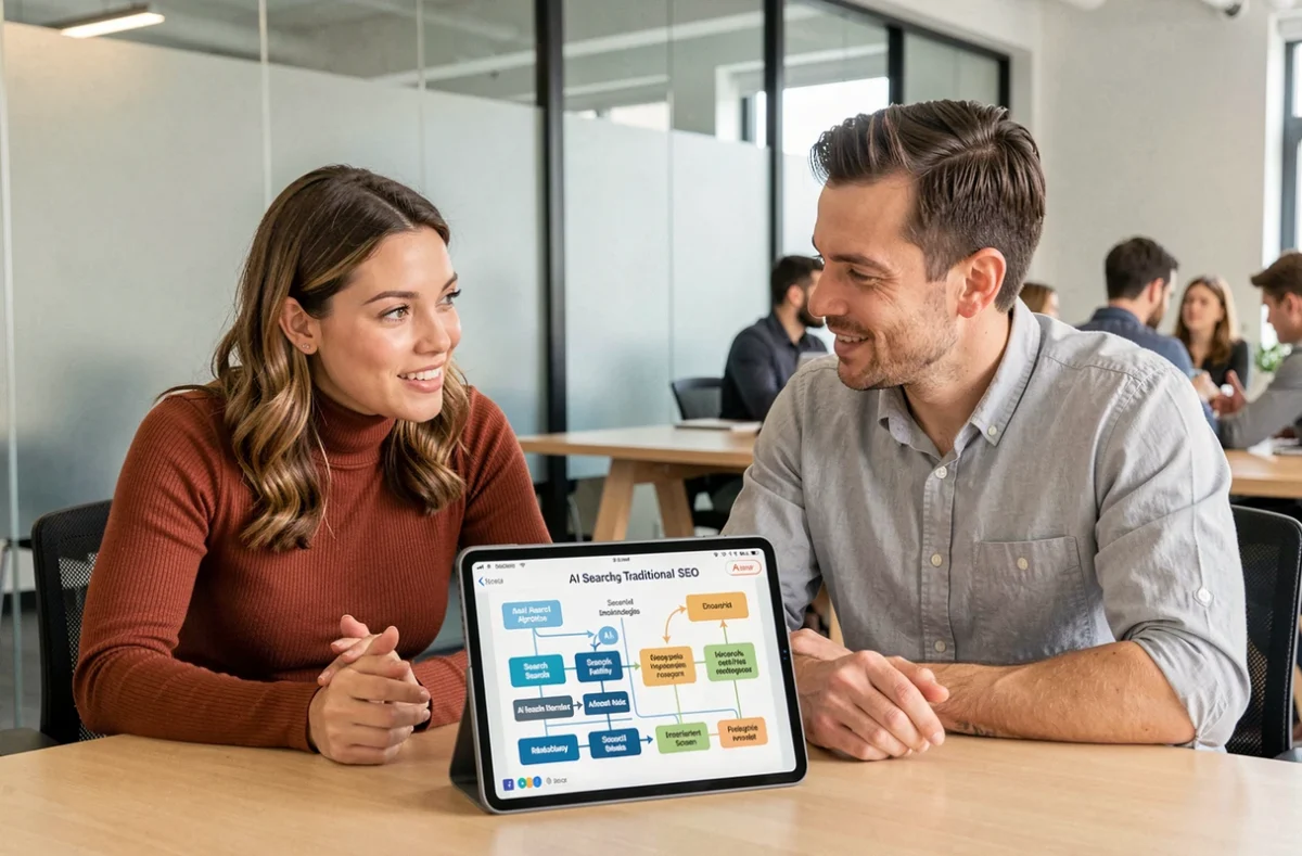 Deux professionnels du référencement naturel discutant de l'impact de l'intelligence artificielle sur les stratégies SEO dans un espace de coworking
