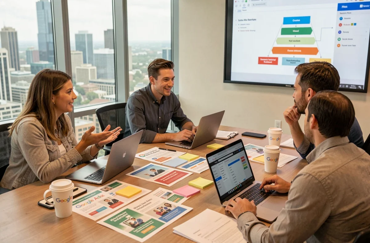 Équipe marketing en réunion de stratégie autour de maquettes de publicités en ligne et d'interfaces Google Ads et Meta Ads
