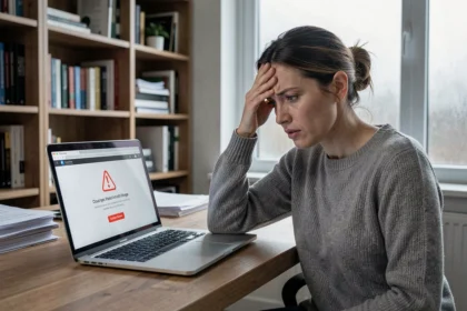 Femme frustrée devant un message d'erreur de stockage cloud sur son ordinateur portable