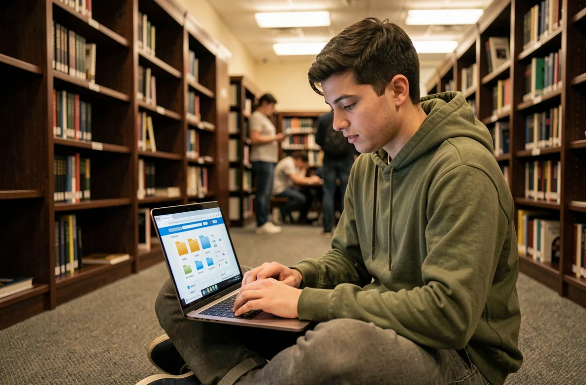 Étudiant assis dans une bibliothèque universitaire comparant des services de stockage cloud sur son ordinateur portable