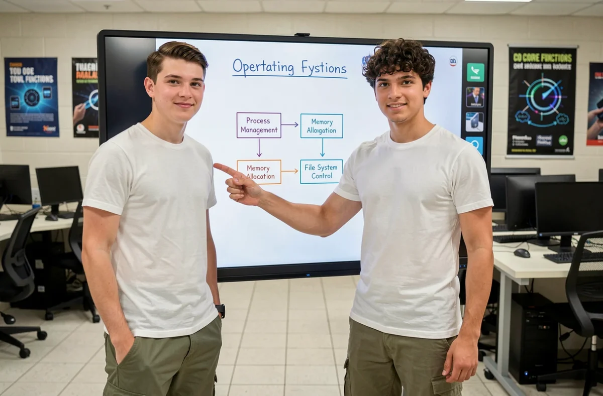 Étudiant en informatique expliquant les cinq fonctions principales d'un système d'exploitation sur un tableau interactif en salle de cours