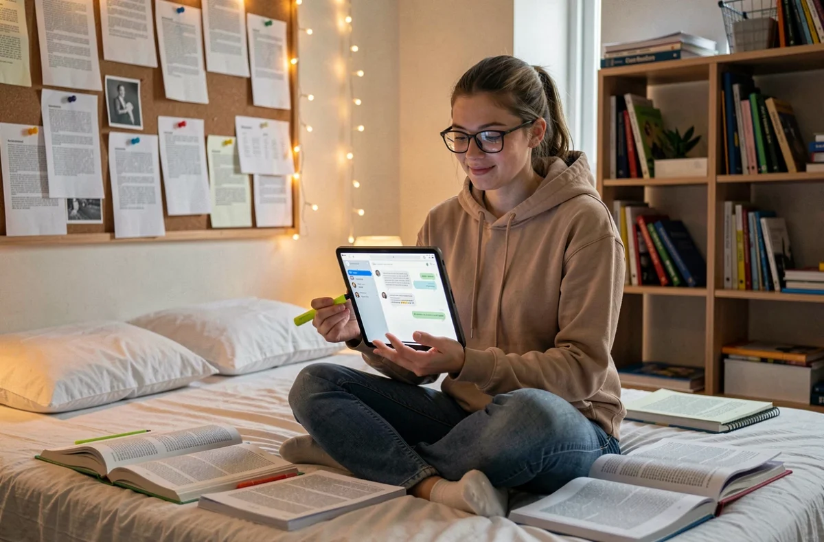 Étudiante utilisant ChatGPT sur tablette pour réviser ses cours et obtenir de l'aide pour ses devoirs