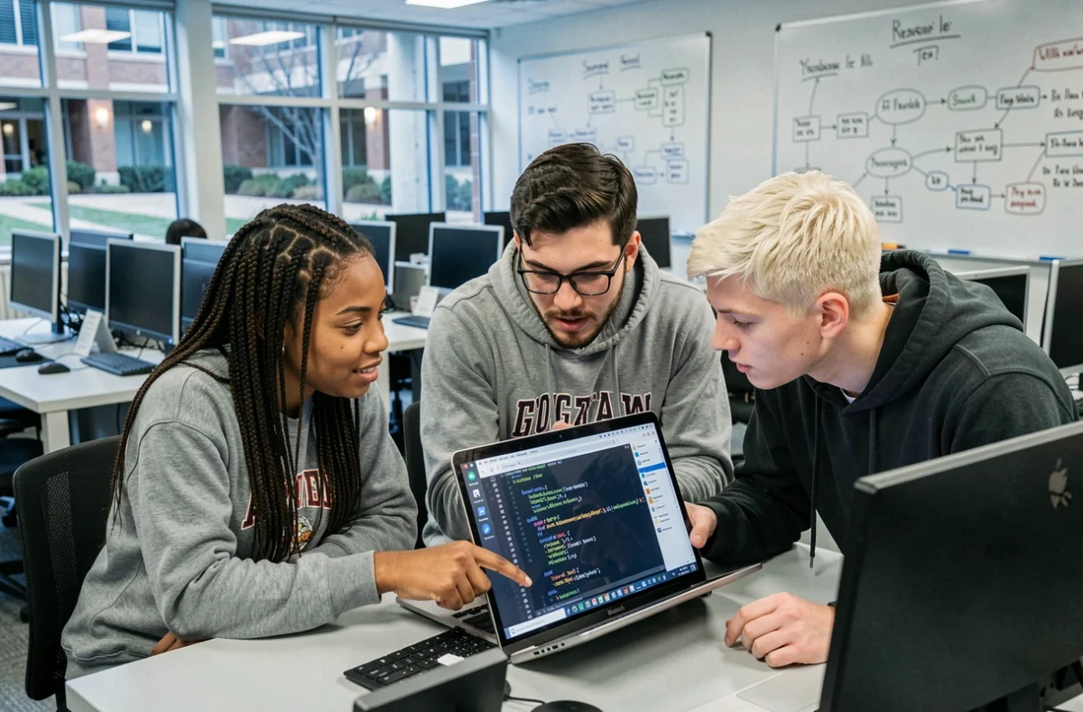Groupe d'étudiants en développement web discutant de JavaScript et React dans une salle informatique universitaire